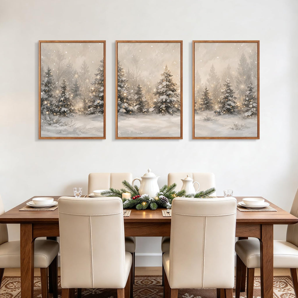 Large Framed Winter scene Forest Wall Art, Neutral Snowy Tree Prints