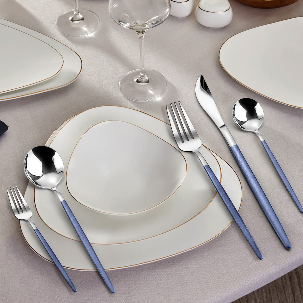 Mirror Silver Blue Silverware Set, 20-Piece Stainless Steel Flatware Set, Satin Finish tableware Cutlery Set, Service