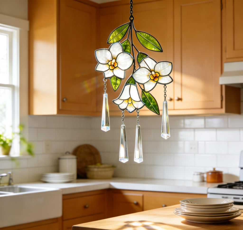 Stained Glass Plumeria Flower Suncatcher, Window Decor with Crystal Prisms
