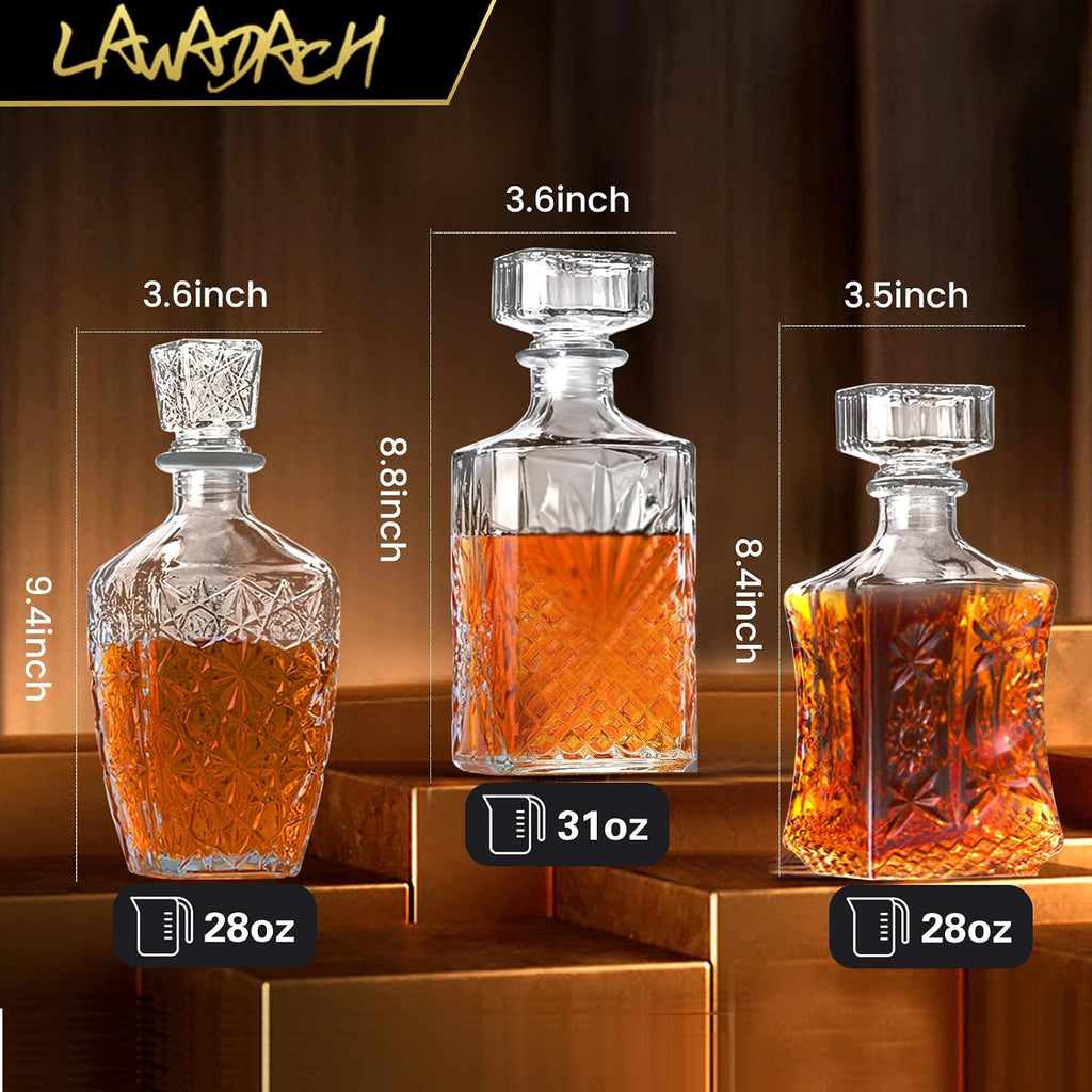 Whiskey Decanter, Glass Alcohol Bottle Gift for Men, Dad - Set of 3