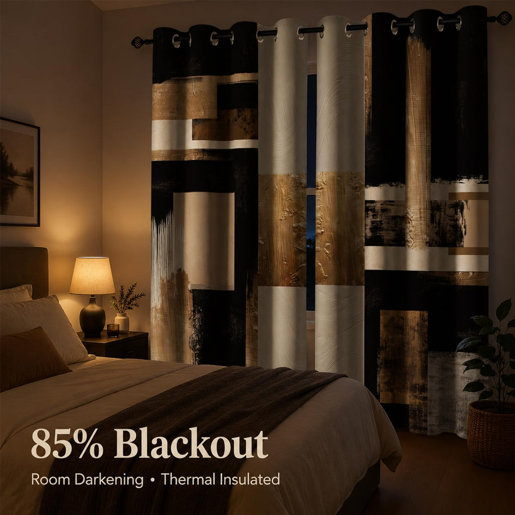 Boho Black Gold Abstract Blackout Curtains, Modern Oil Aesthetic Neutral Contemporary Beige Darkening Thermal