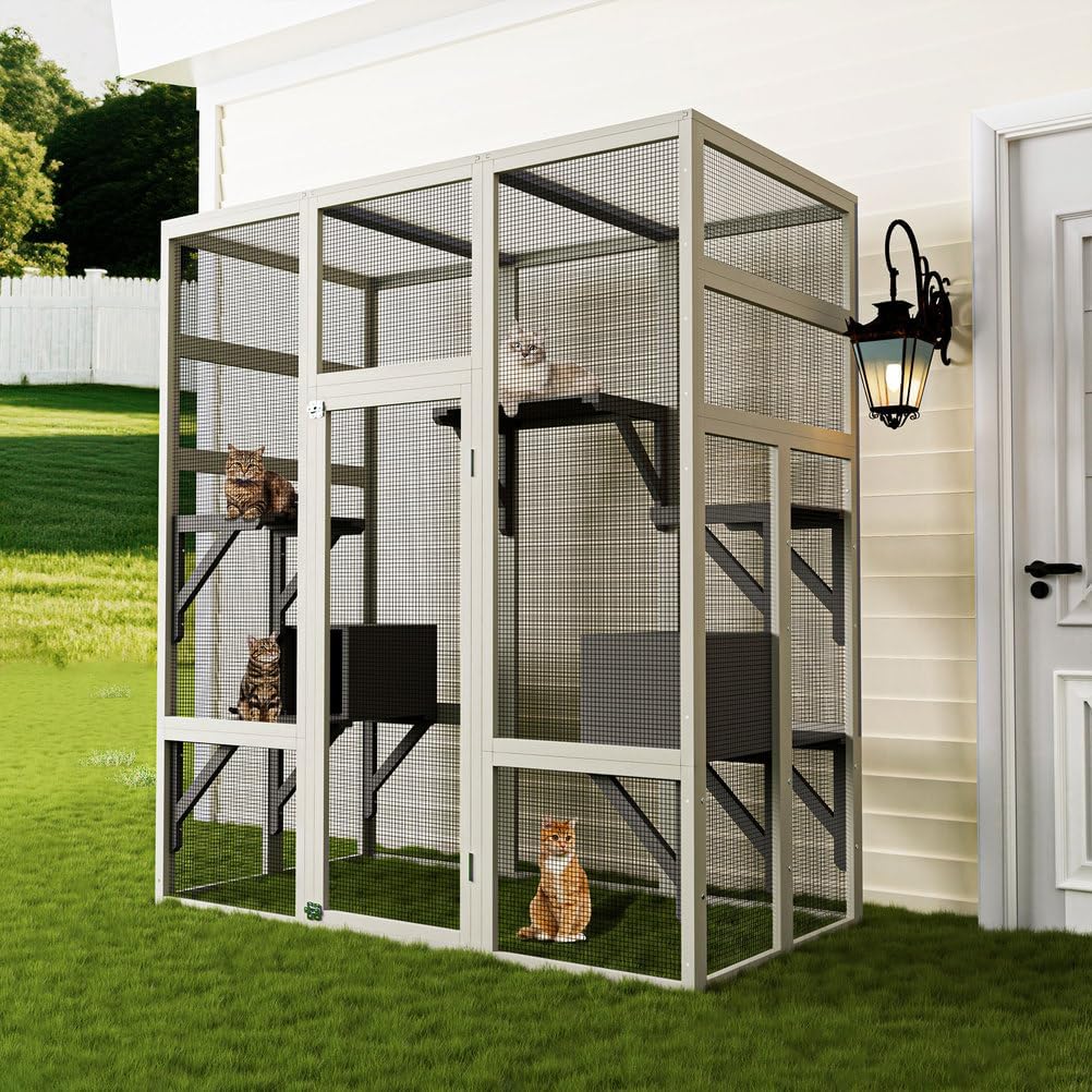 Outdoor Cat House Catio Enclosure 62.6", Wooden Large Cat Cage with Waterproof Roof, Solid Wood Cat Playpen with 7