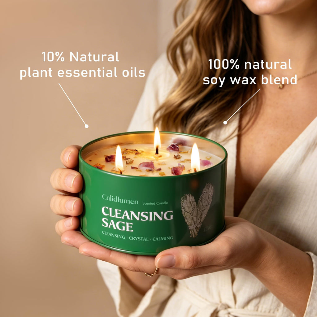 Sage Candle for Cleansing with Crystal - 3 Wick 24 oz 2PC