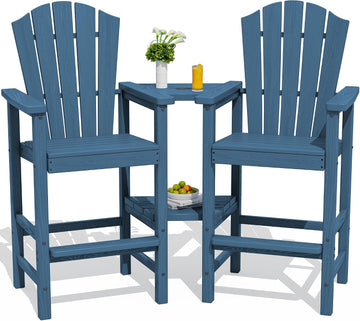 Tall Adirondack Chair Set of 2 with Double Connecting Trays, Blue | All-Weather HDPE Outdoor Adirondack Barstools