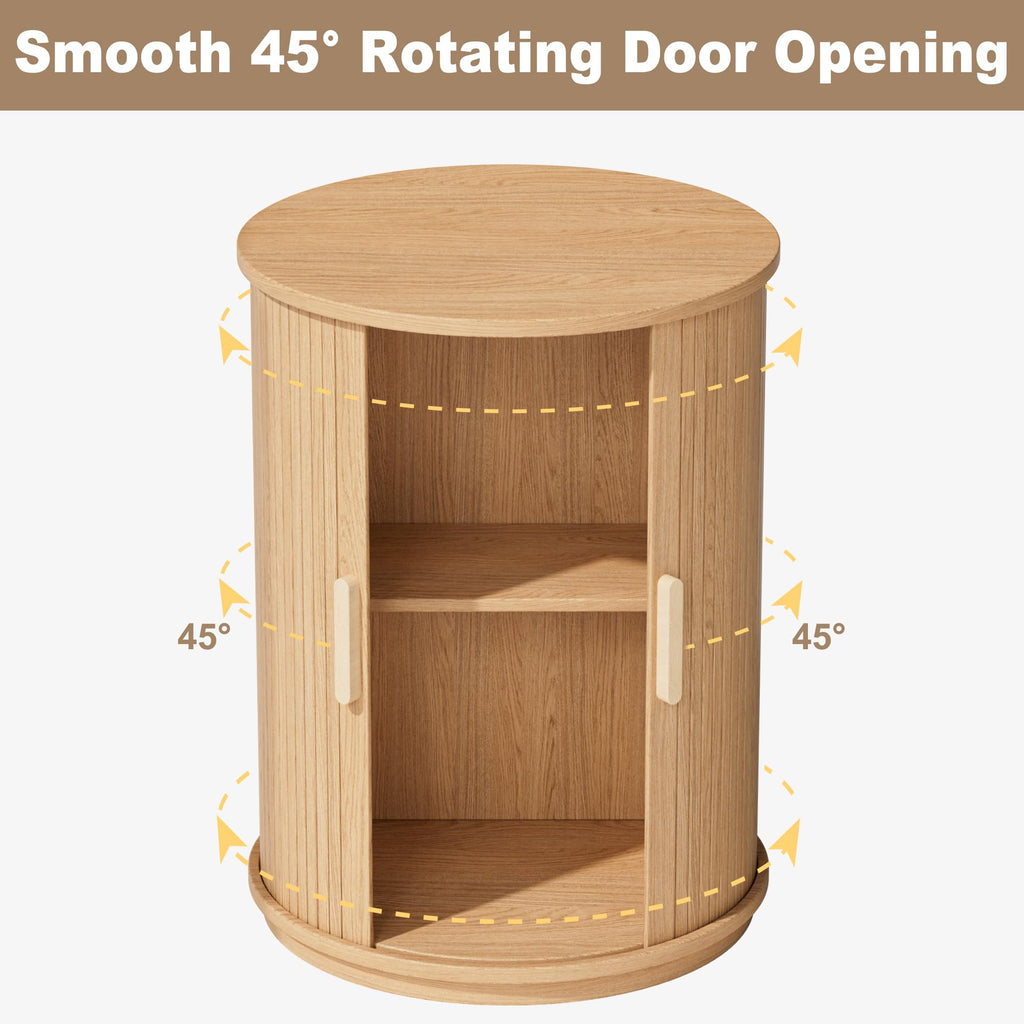 Side Table with Storage for Hoom, Round End Table with Sliding Tambour Door, Wood Night Stand Nightstand Bedside