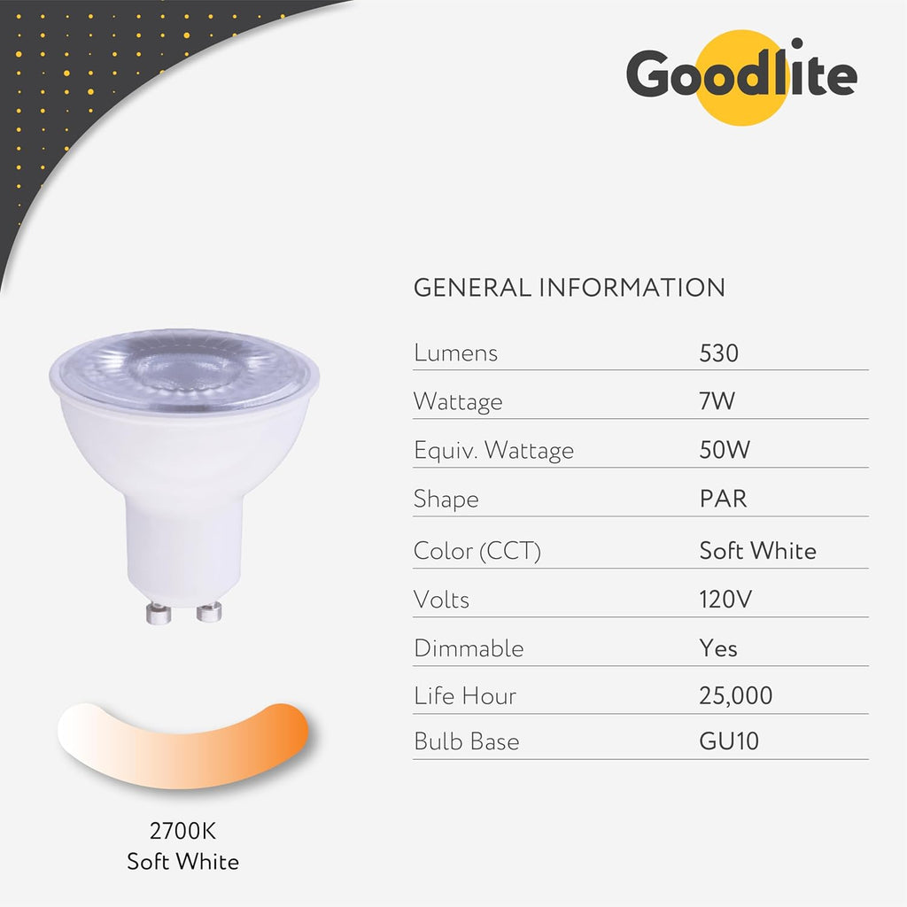 7W GU10 LED, 50W Halogen Bulbs Equivalent, Dimmable, 550lm, 40° Beam Angle, CRI 90, UL Listed, Soft White