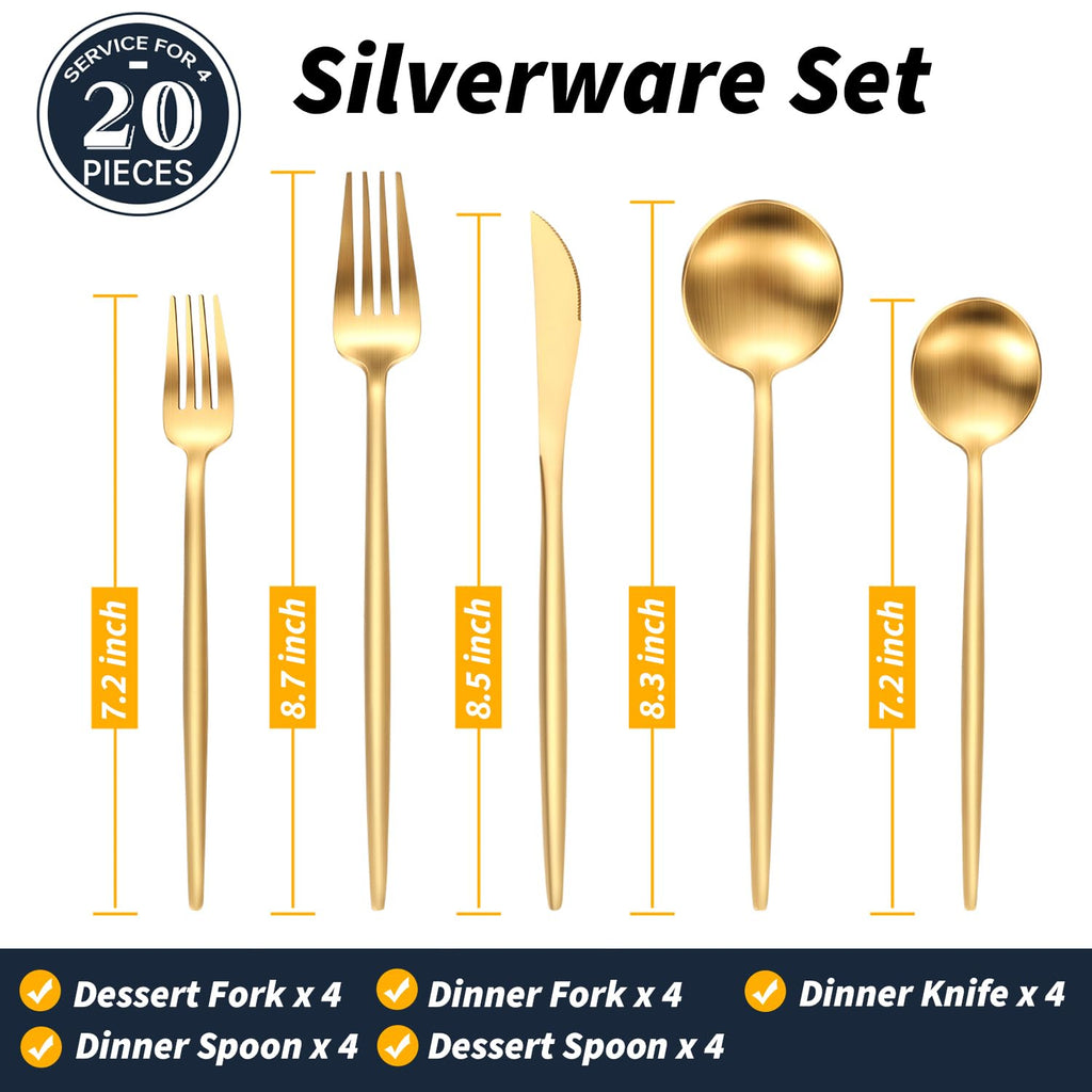 20-Piece Gold Silverware Set for 4, 18/10 Stainless Steel Flatware with Thick Spoons and Forks, Matte Golden Cutlery