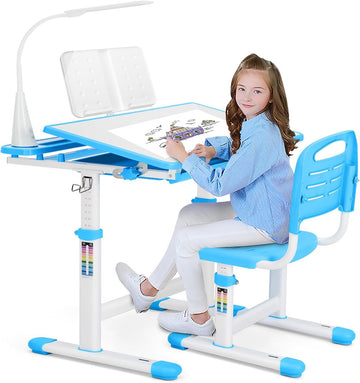 Height Adjustable Kids Desk and Chair Set with LED Light,Drawer