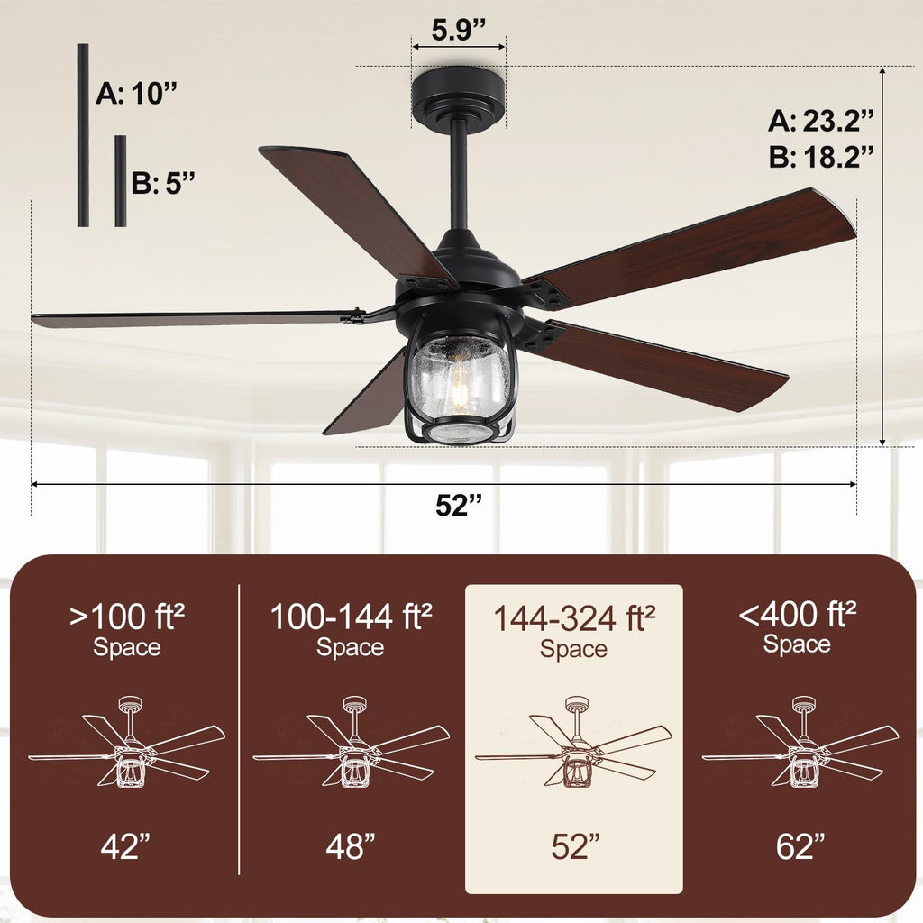 52 Inch Ceiling Fan with Light and Remote, Farmhouse Ceiling Fan, Rustic Ceiling Fan with Reversible DC Motor, 6