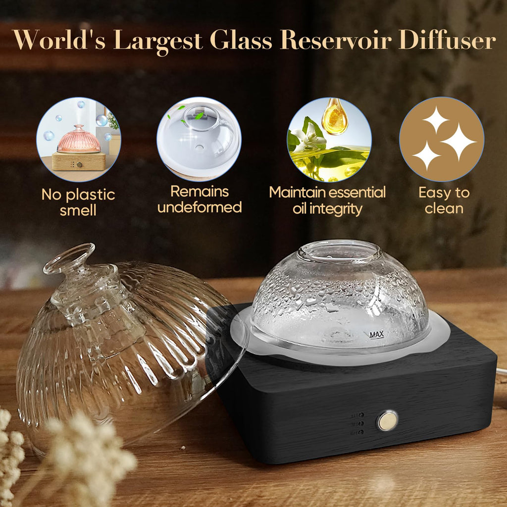 Glass Dome Essential Oil Diffuser with Glass Reservoir & Wood Base-Plastic Free, 200ml Ultrasonic Diffuser for
