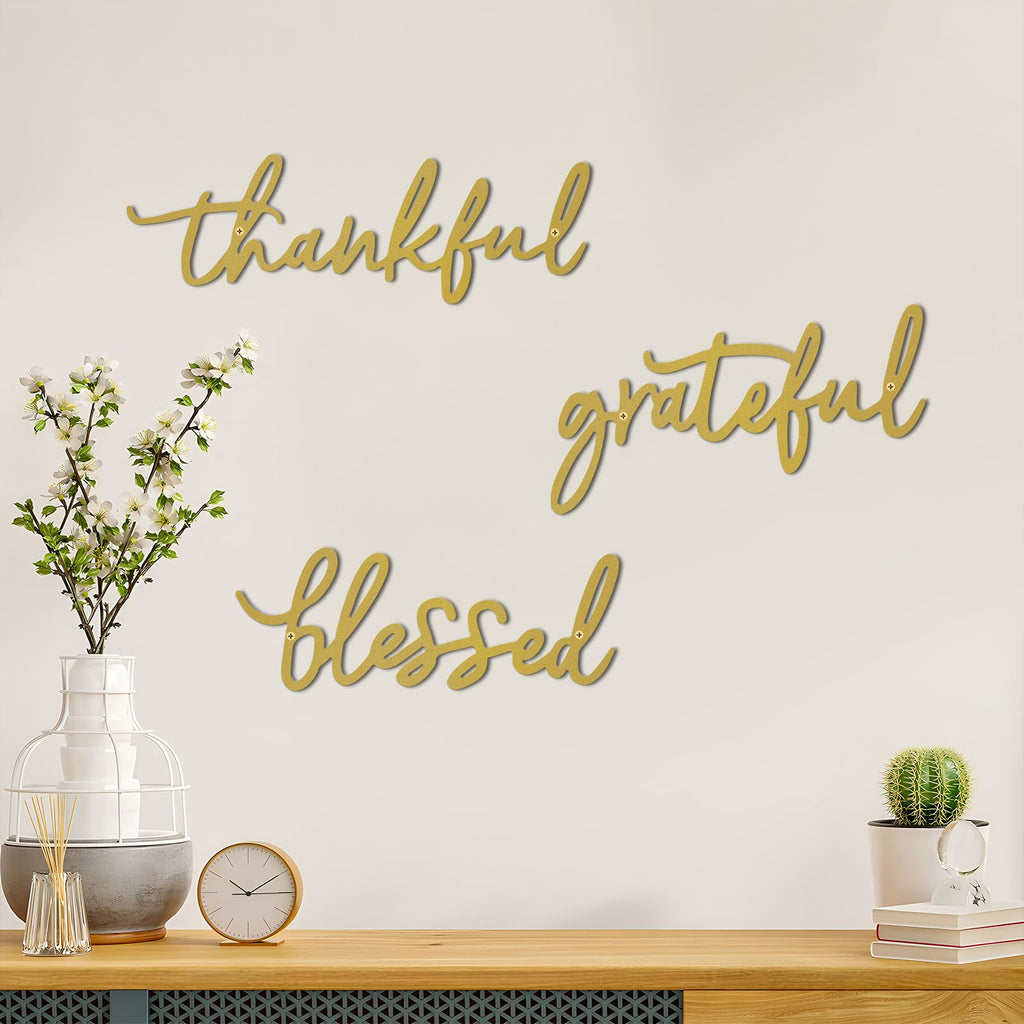 Thankful Grateful Blessed Letter Sign Metal Wall Decor, 3 Piece Gold Letters Wall Art Bedroom Metal Words Wall Decor