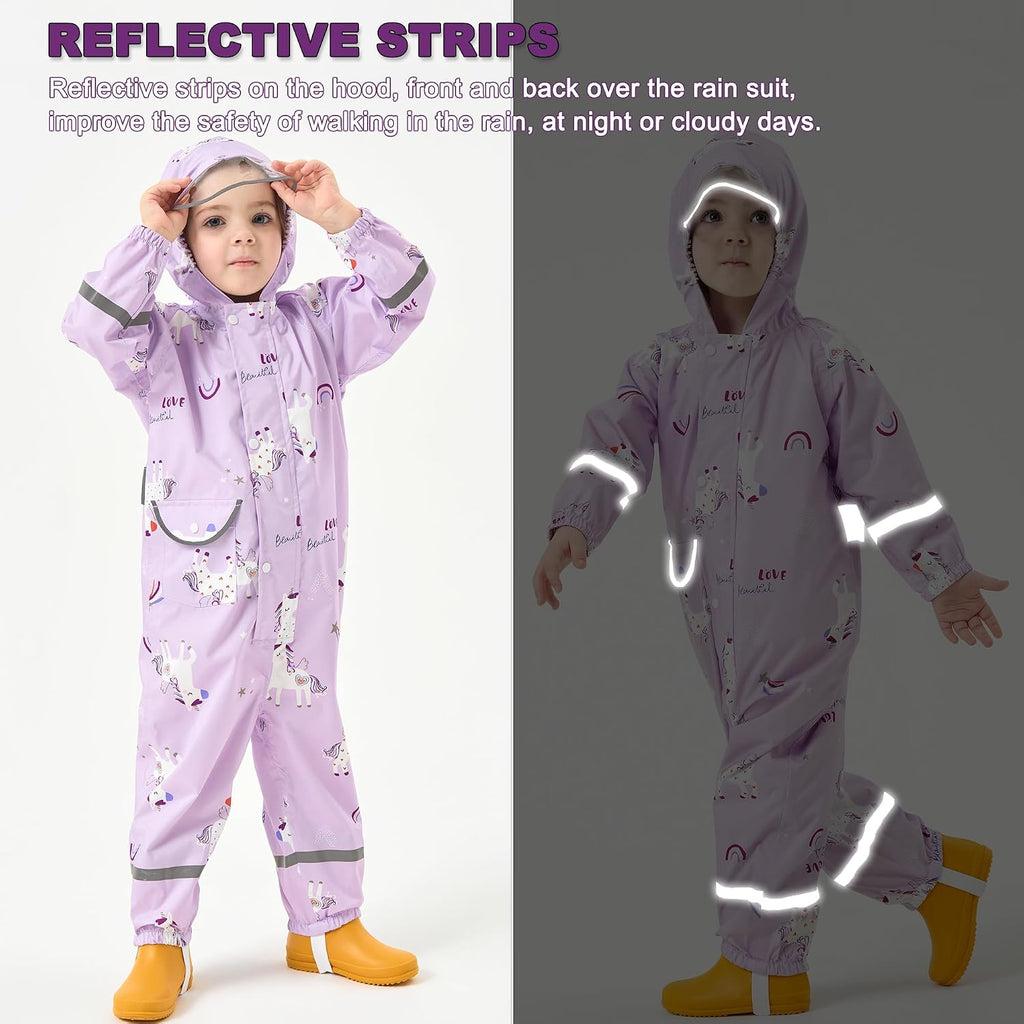 Kids Rain Suit Toddler Girls Raincoats One Piece Hoodie Cartoon Rain Gear Coverall Waterproof Rainwear