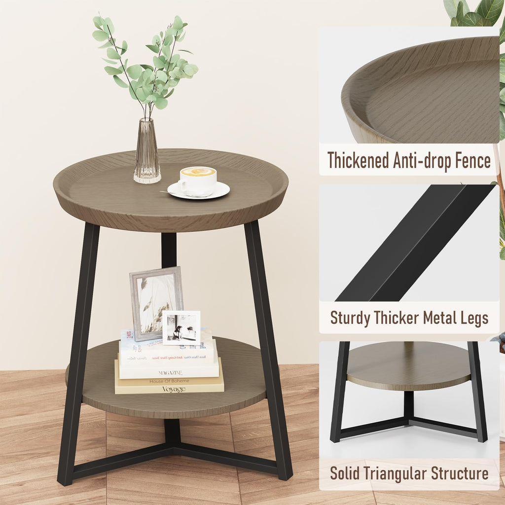 Round End Table with Storage Shelf, Walnut Color