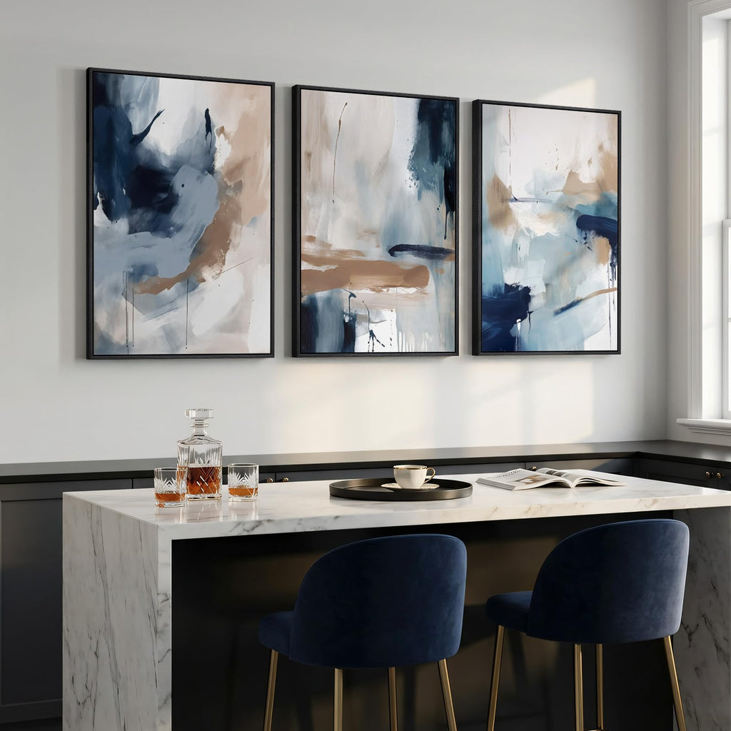 Large Framed Blue Neutral Abstract Wall Art, 3 Piece 24x36