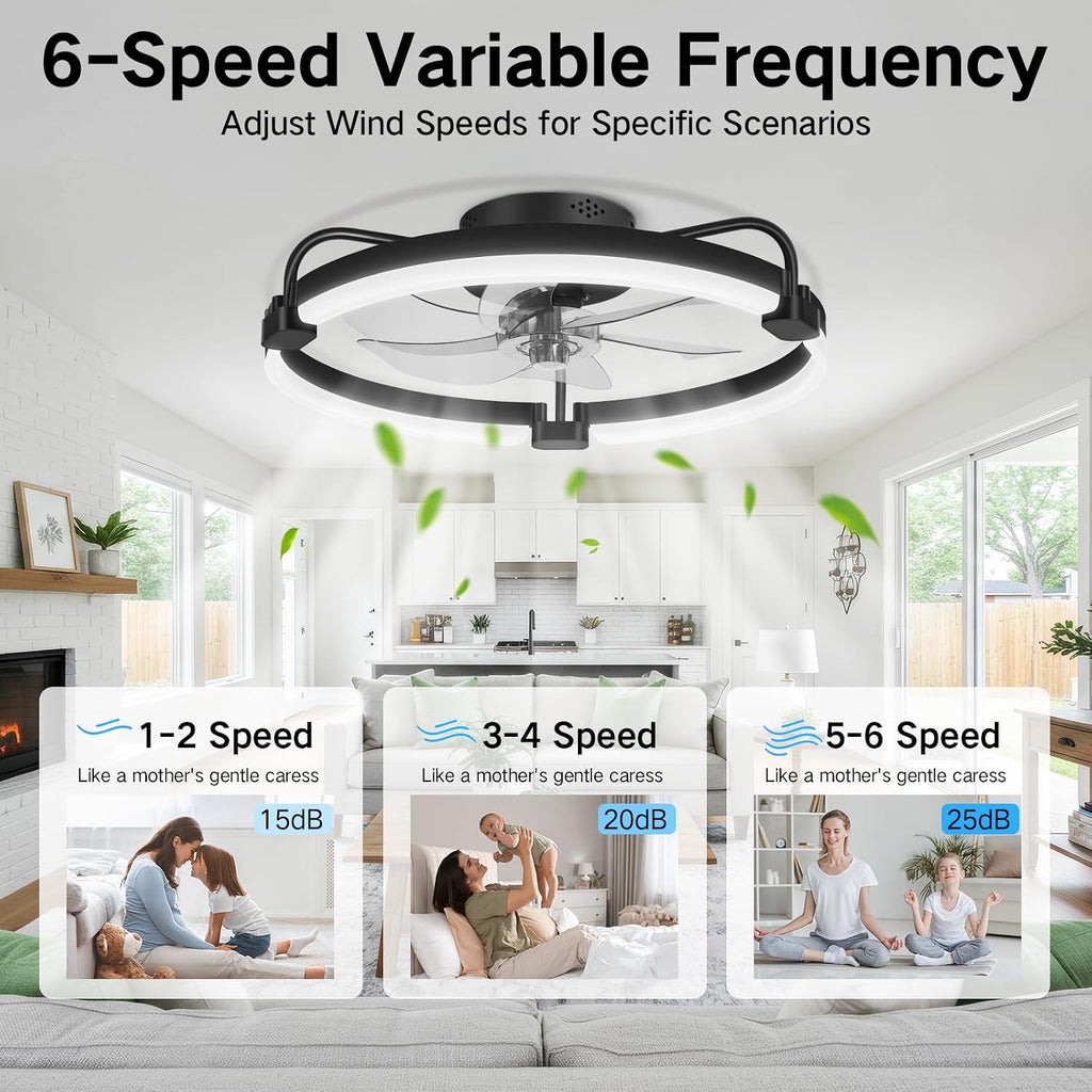 20" Ceiling Fan with Light, Low Profile Flush Mount Ceiling Fan with Remote, App and Wall Switch Control, 6 Speed