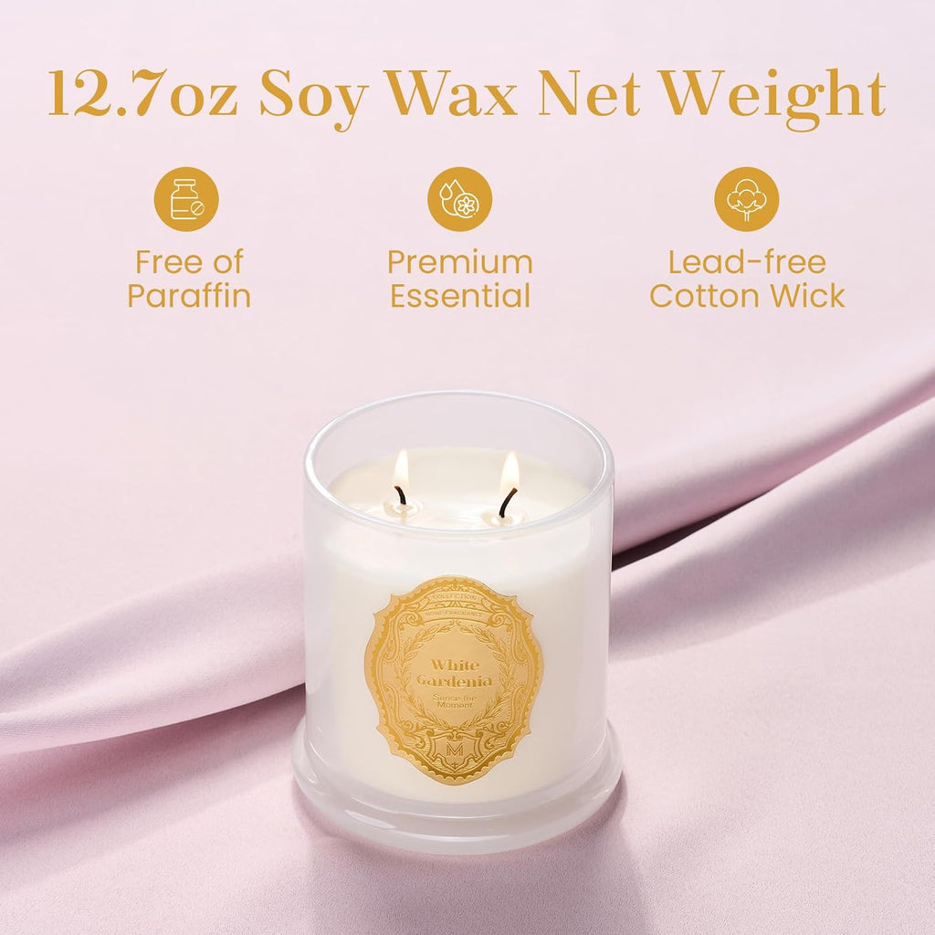 White Gardenia Candles Scented, 2 Wick 12.7oz Soy Wax Candles 70 Hours Long Burning, Non Toxic Candles Gift
