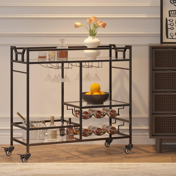 Black Bar Cart, Home Bar Serving Cart with Handle, Wine Cart with 3-Tier Glass Shelves, Beverage Cart with Wine Rack