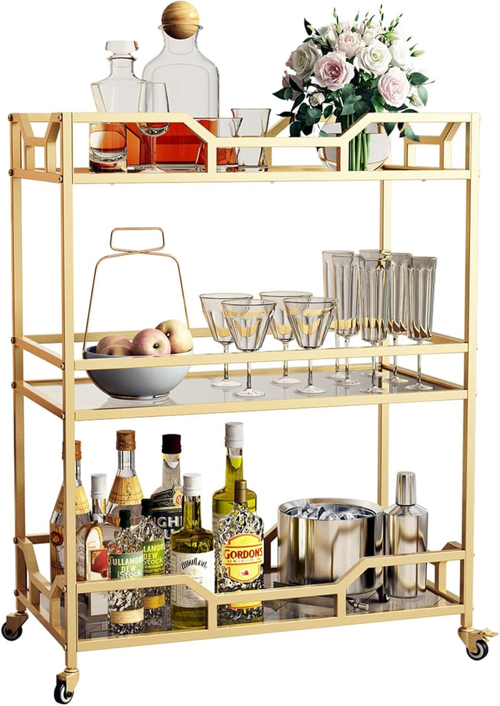 Square Gold Bar Carts with 3 Tier Storage Glass Shelves Holder Home Serving Bar Carts on Wheels , Bar, Dinning Room