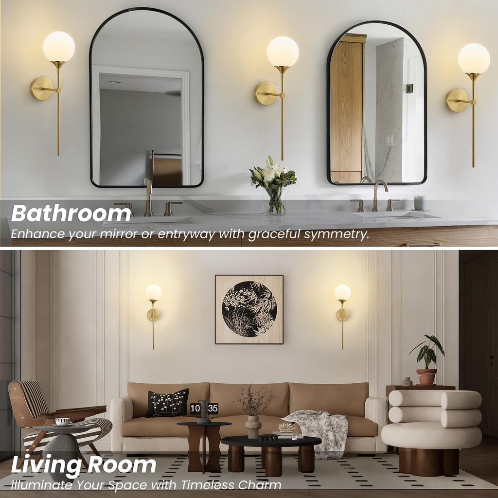 Mid Century Globe Wall Sconce: Set of 2 Brass Bathroom Milk Glass Lights