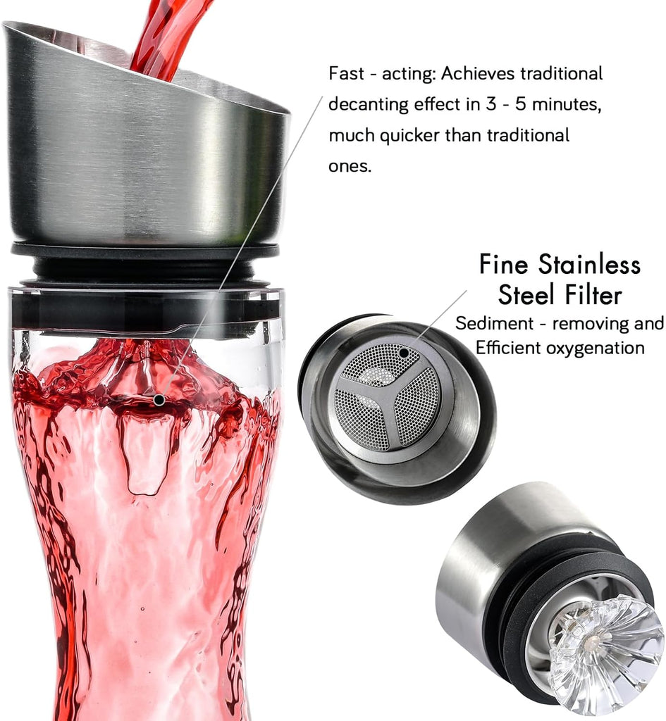 Hand Blown Wine Decanter with Aerator, 1300ml/44oz Red Wine Decanter, Crystal Wine Carafe with Stainless Steel Pour