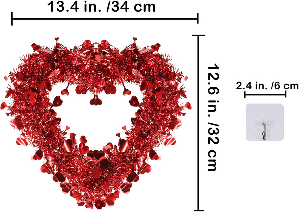Red Valentine Heart Wreaths Tinsel Heart Shaped Wreaths with Foil Hearts Hanging Valentine's Day Wreaths - Set of 6