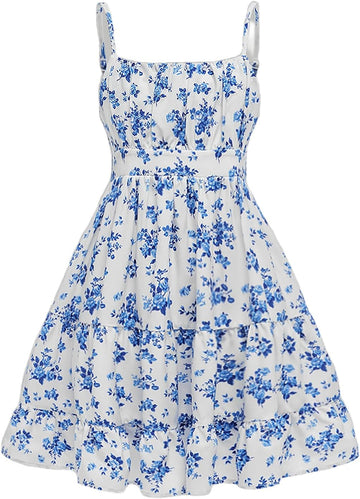 Girl's Floral Sleeveless Ruched Ruffle Hem A Line Cami Short Dress