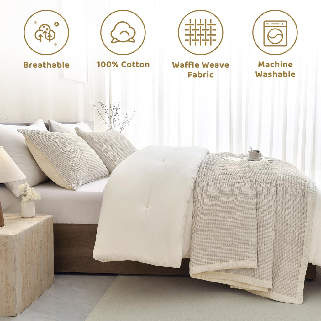 Cotton Bedspread(120"x120"), Wheat Waffle Weave Quilt Set 3Pcs Soft Lightweight Farmhouse Oversized