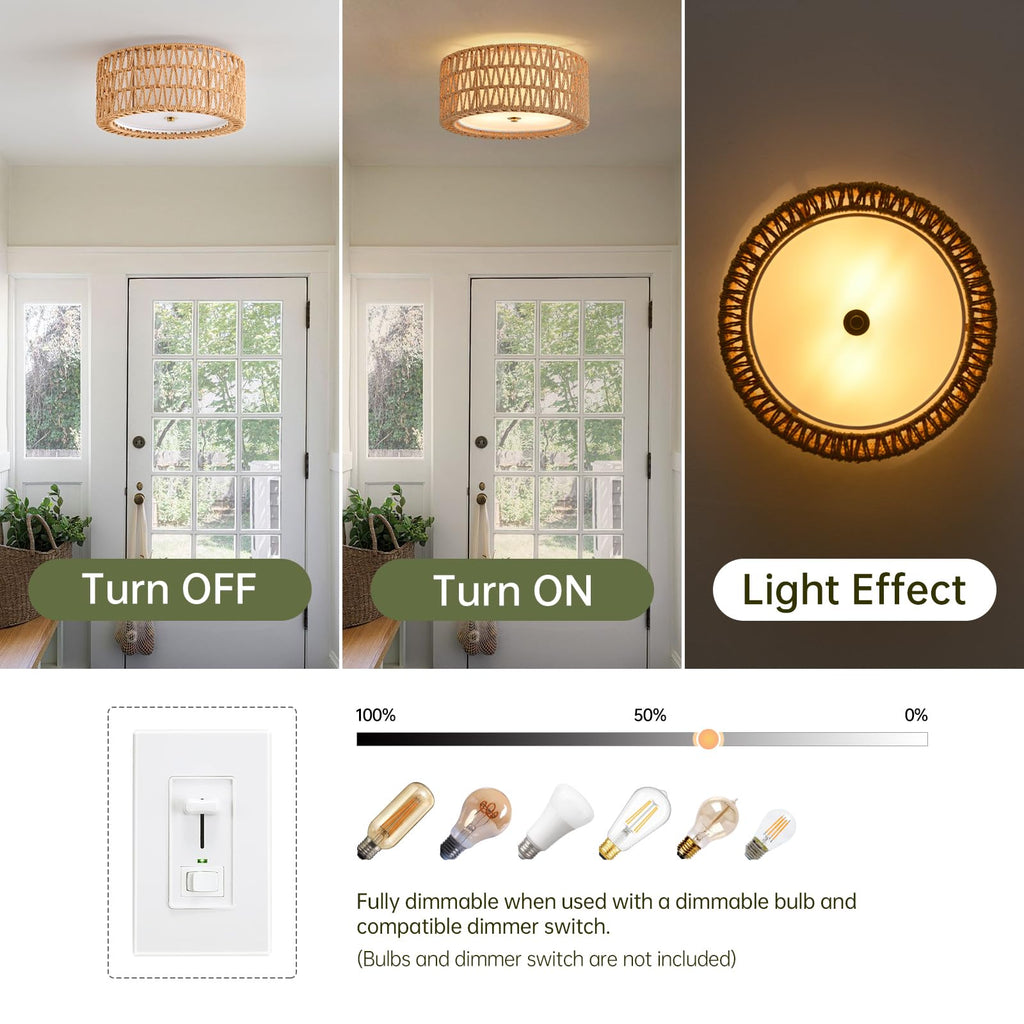 Rattan Ceiling Light 12.6" Boho Ceiling Light Fixture Bohemian