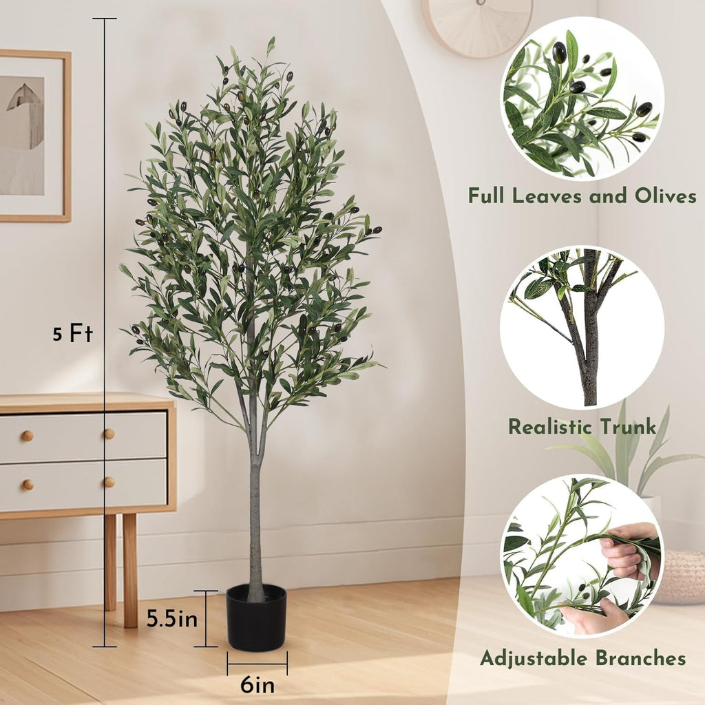 5-Foot Artificial Olive Tree, Indoor Artificial Plant, with Natural Trunk and Realistic Leaves and Fruits, Used