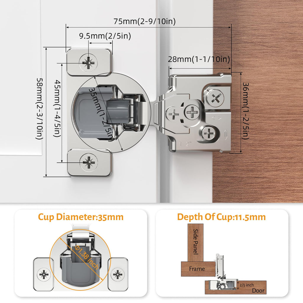 60 Pack 1/2" Overlay 3D Soft Close Concealed Hinge for Face Frame Door, Self Closing Hinges, 105° Smooth Slow Close