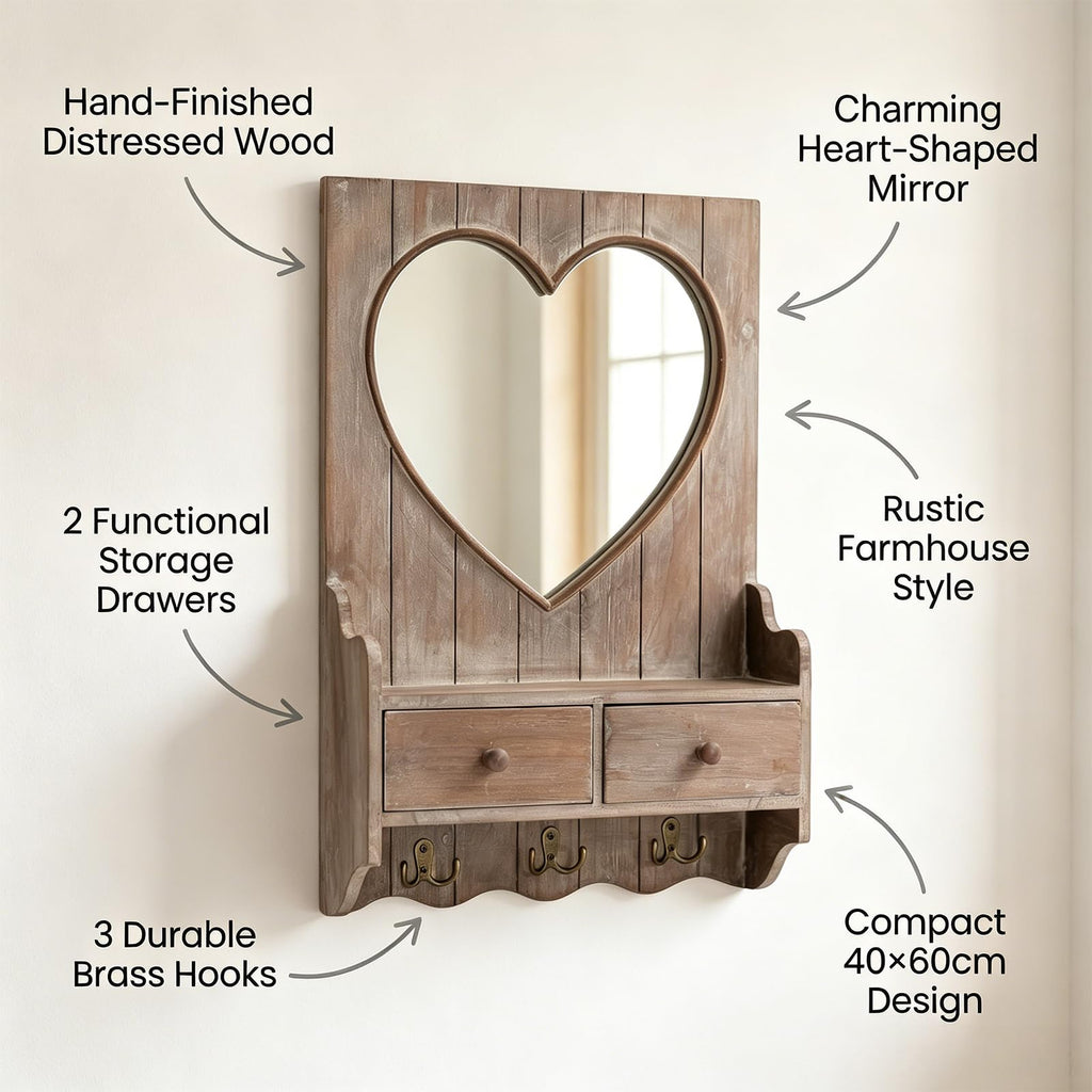 Rustic Farmhouse Wooden Entryway Mirror with Shelf and Hooks, 16"x24" Heart Shape Wood Frame Wall Mirror with Storage