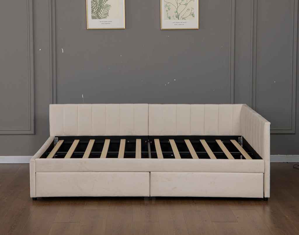 Full Corner bedframe with 2 Drawers, Upholstered daybed with Storage, L-Shape daybed Living Room, Beige + Velvet