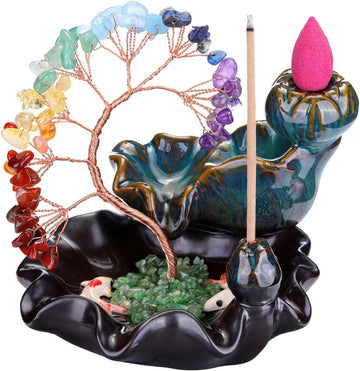 Backflow Incense Burner Ceramic Incense Waterfall,7 Chakra Stones Healing Crystal Money Tree Incense Holder