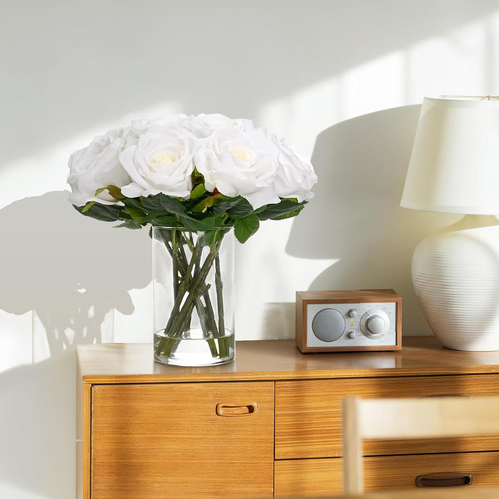 Luxury PU Fake Flowers in Vase with Faux Water, White Real Touch Roses Artificial Flowers with Glass Vase Home Dining