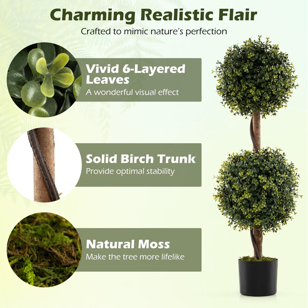 3 FT Artificial Boxwood Topiary Trees, Set of 2 Faux Outdoor Topiary Ball Tree with Cement-Filled Pot, Fake Greenery