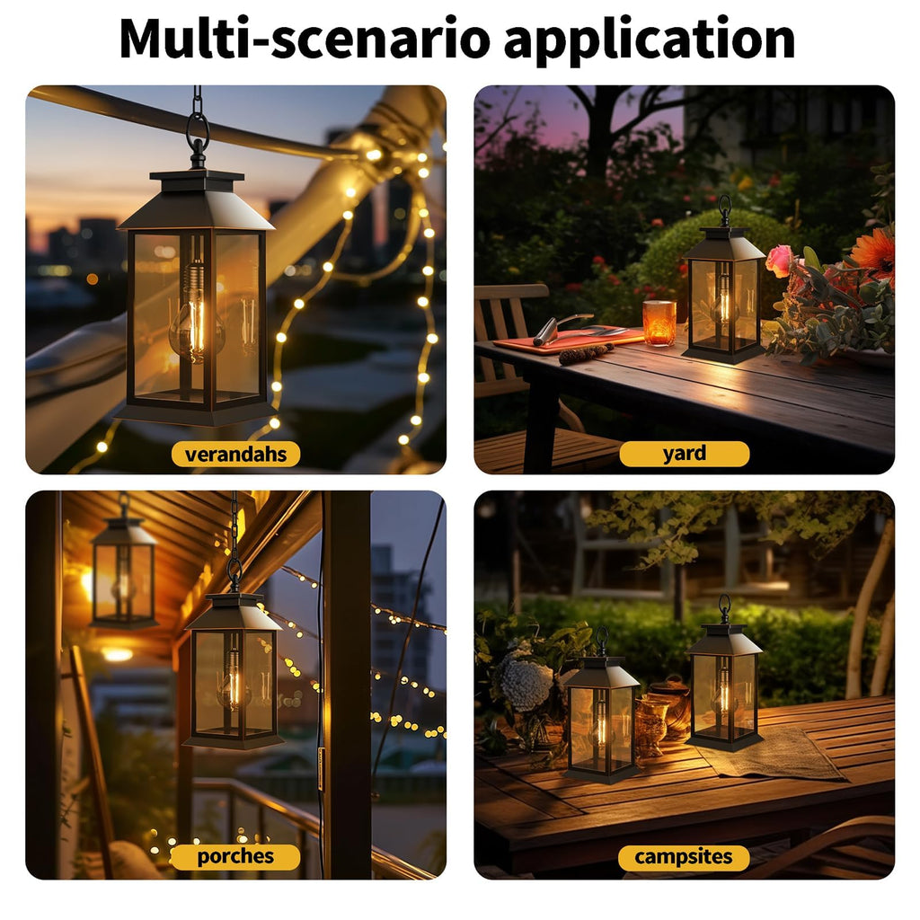 2 Pack Solar Lanterns Outdoor, Hanging Glass Solar Lights Waterproof, Dual Power Solar & 2*AA Battery, for Porch