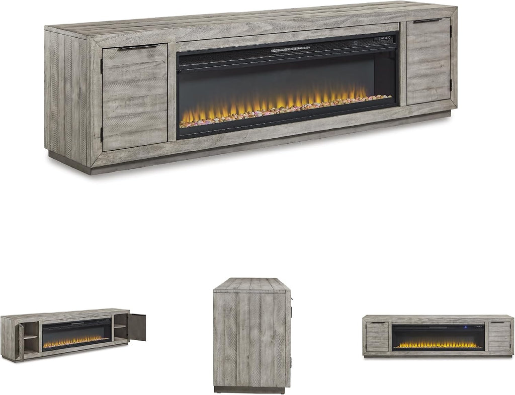 92" TV Stand with Electric Fireplace for TVs up to 105", Gray