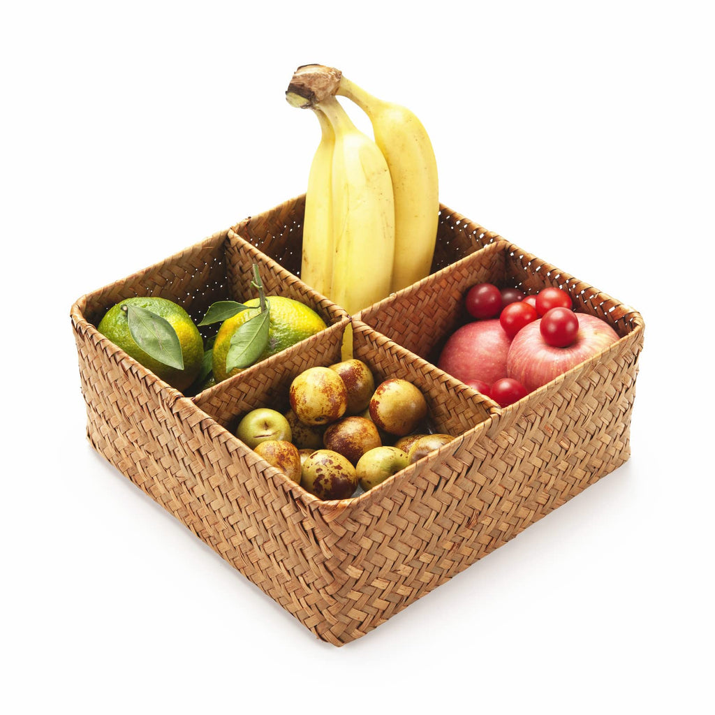 Woven Seagrass Storage Basket with 4 Divided Sections, Wicker Basket Bin Box Organizer for