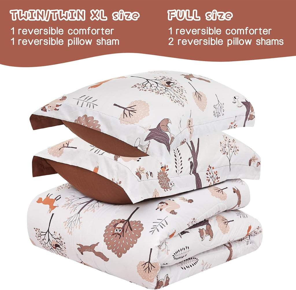 Kids Comforter Set for Boys Girls Full, Cute Quilted Woodland Forest Animal Print Fall Bedding with Pillow Sham