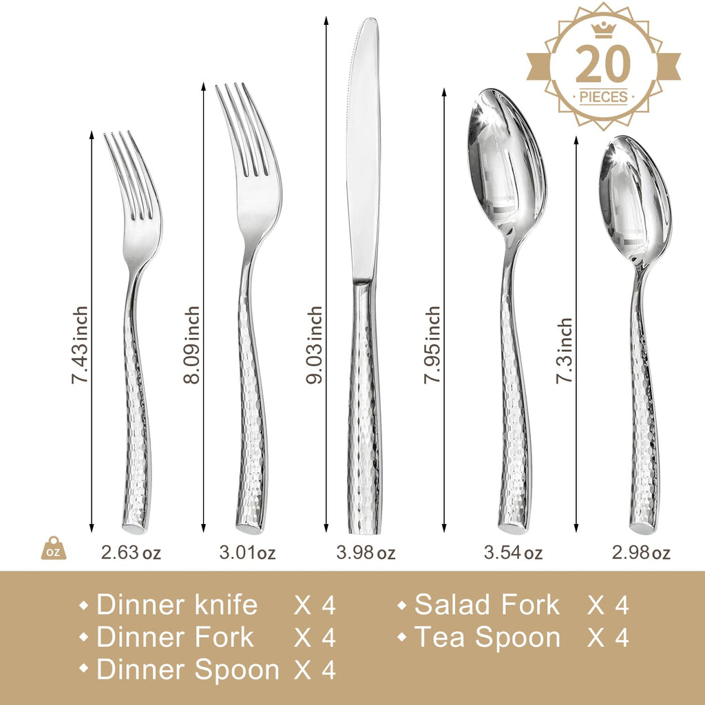 Hammered Flatware Set, 20-Piece 18/10 Stainless Steel Silverware