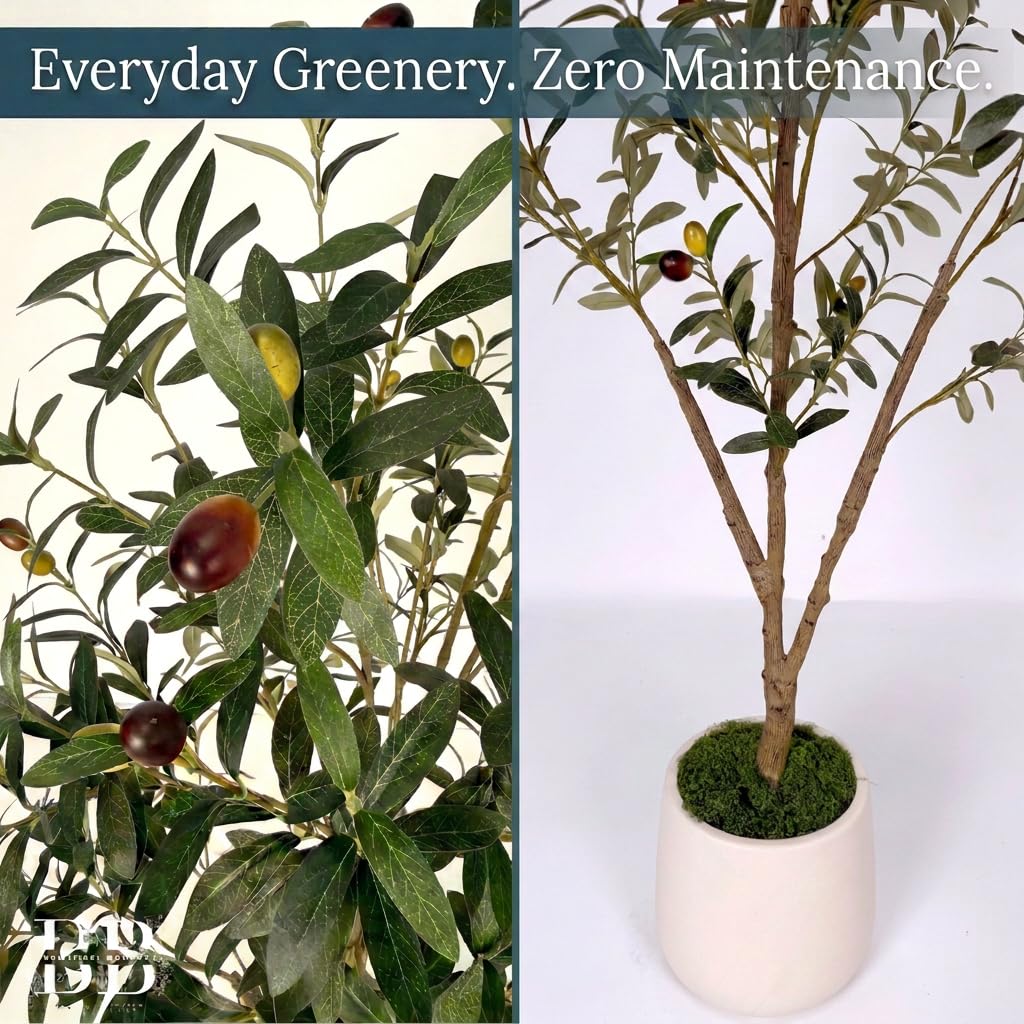 5ft Artificial Olive Tree with LED Light & White Pot - Fake Indoor Plant