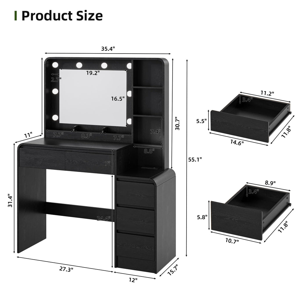 Vanity Table with Drawer Dresser, 39.3" Farmhouse Vanity Makeup Desk with Charging Station, Black Vanity Desk with