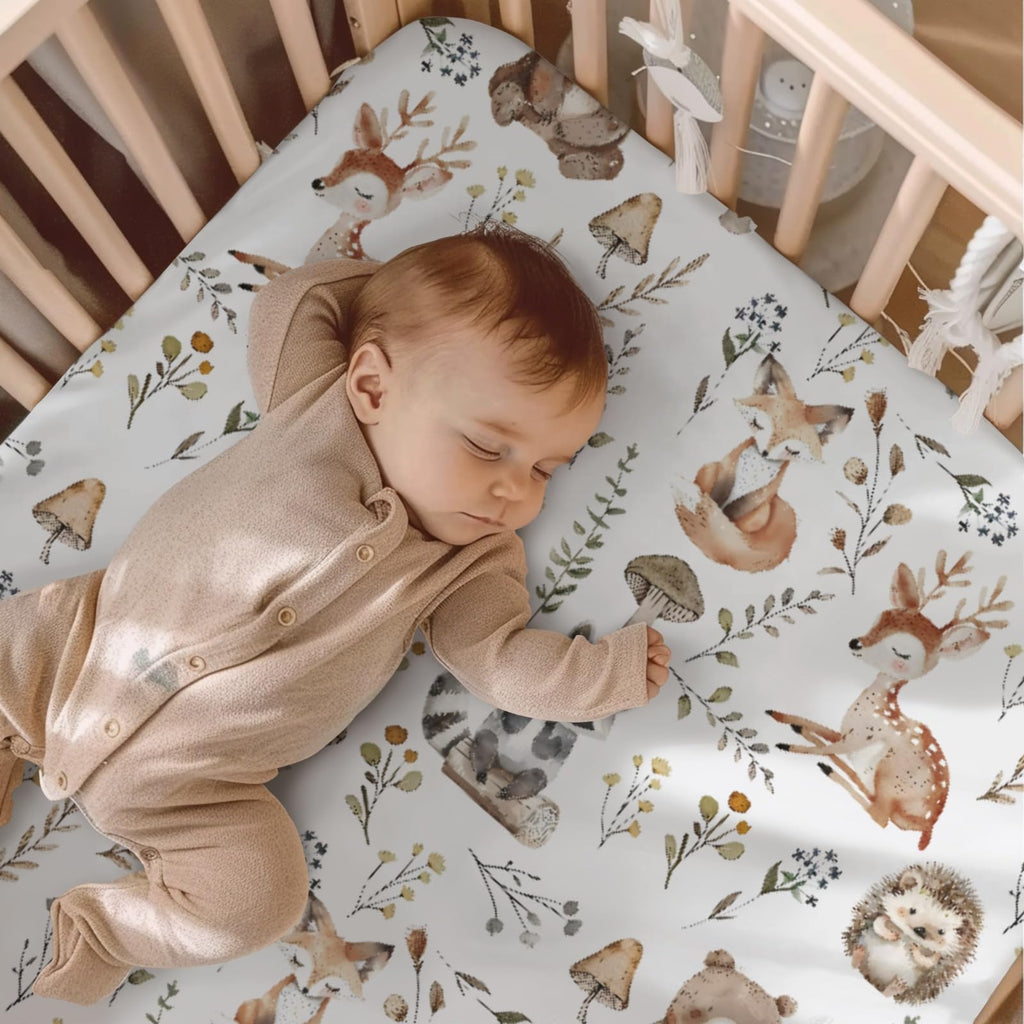 Cute Forest Animals Leaves Mushroom Pattern Baby Sheets for Crib, Unisex Bear Deer Raccoon Hedgehog Nursery Fitted