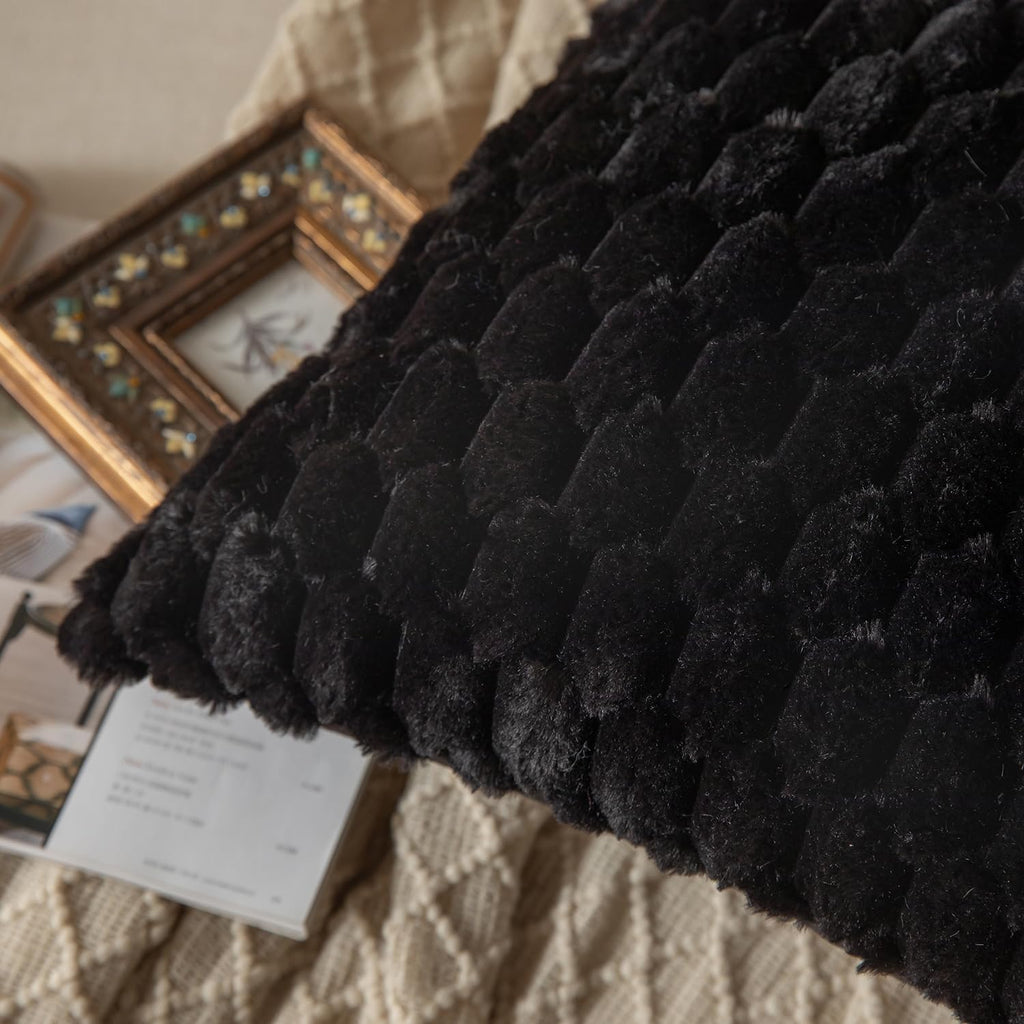 Pack of 2 Black Super Soft Plush Fluffy Decorative Throw Pillow Covers 18x18 inch Faux Fur Wool Velvet Cushion Covers