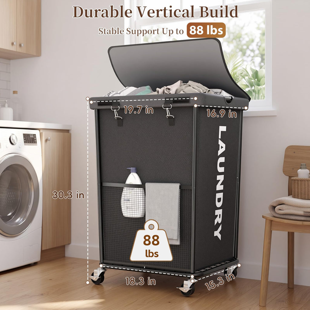 Hamper with Wheels and Lid, 150L Large Rolling Laundry Basket Gray