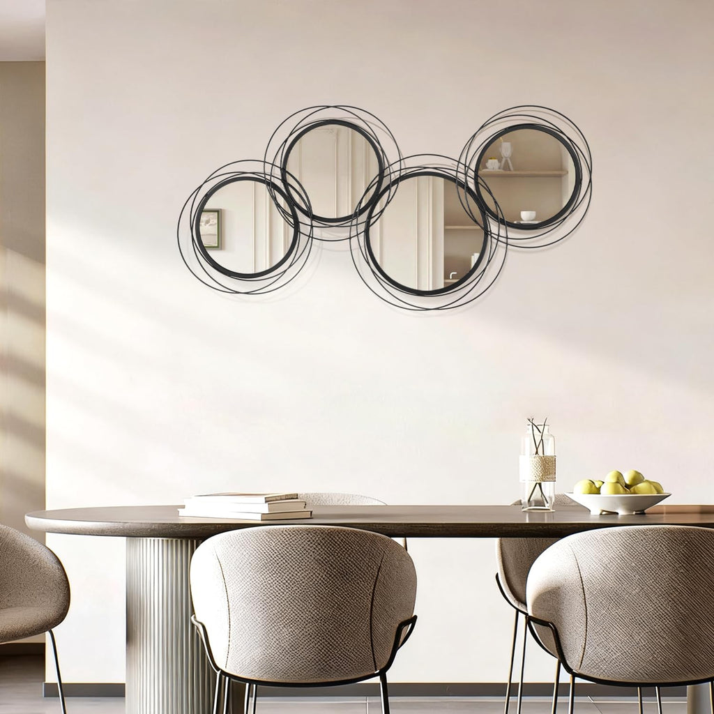 Round Decorative Wall Mirror, Black 4 Pcs Circle Modern Mirror Wall Art Ring Metal Mirrors Wall Mounted Bedroom