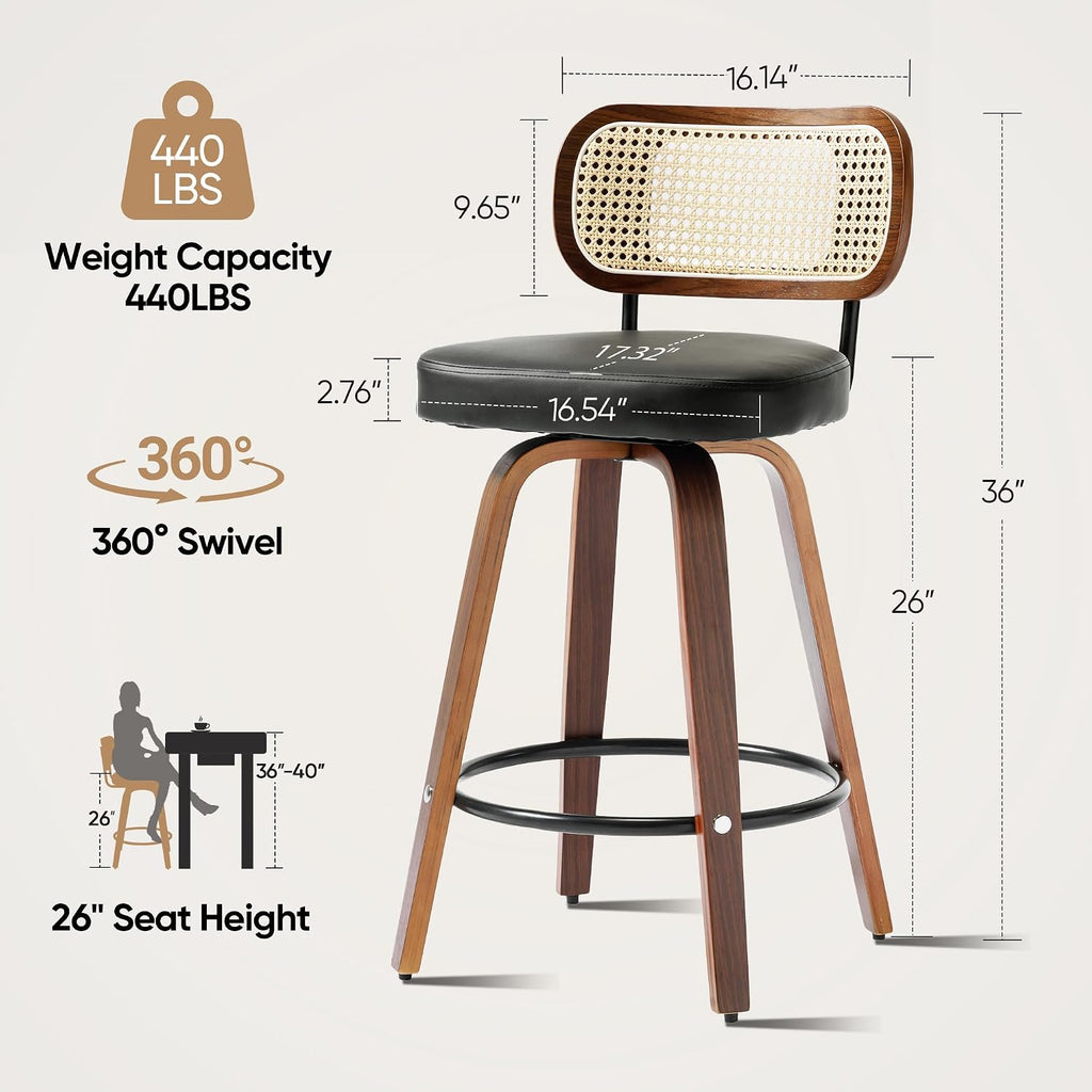 Natural Rattan Bar Stools Set of 2,Upholstered PU Leather, 26'' Counter Height Barstools with Back and Wood