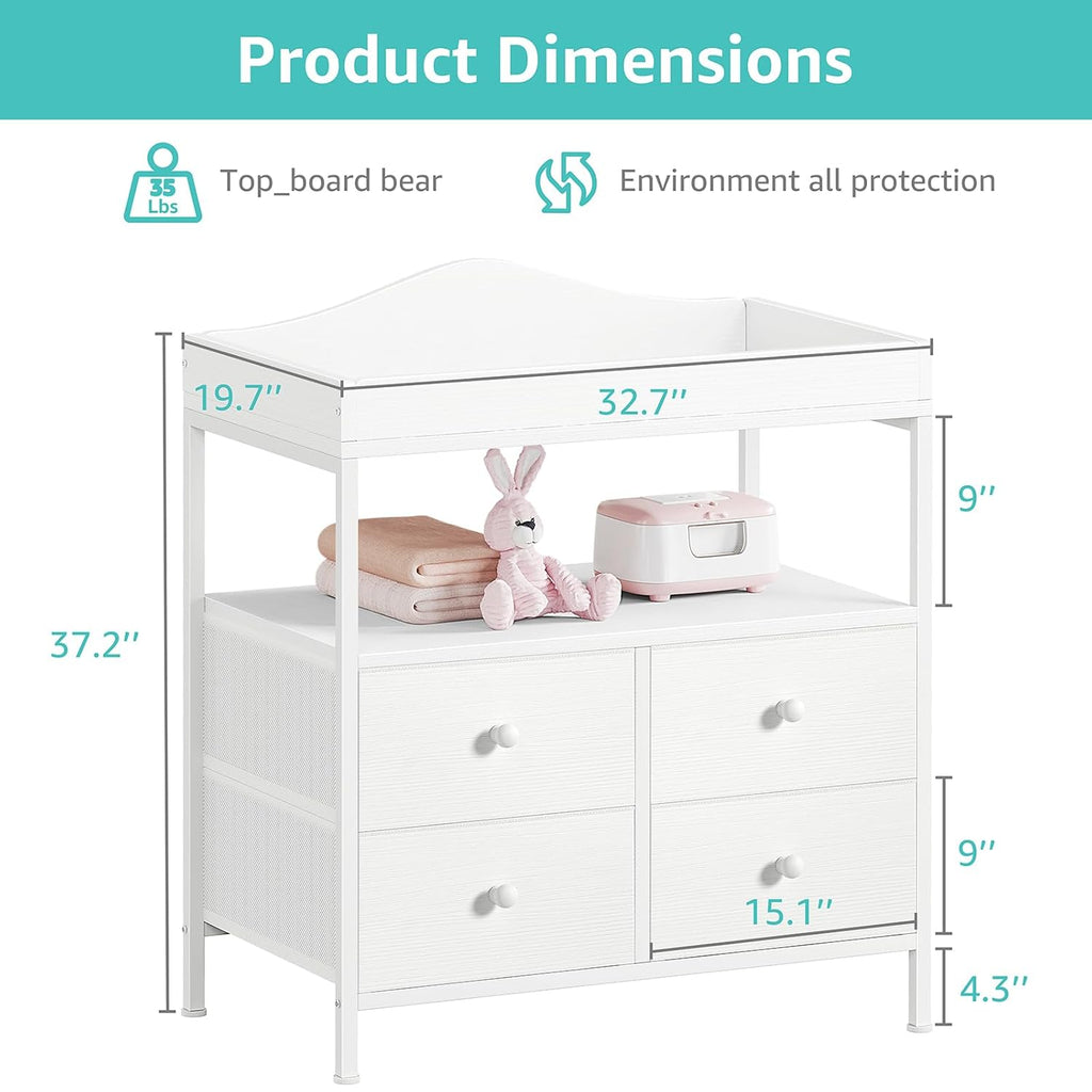 Changing Table Dresser with 4 Fabric Drawers and Open Shelf, Baby Dresser with Changing Table Top Diaper Changing