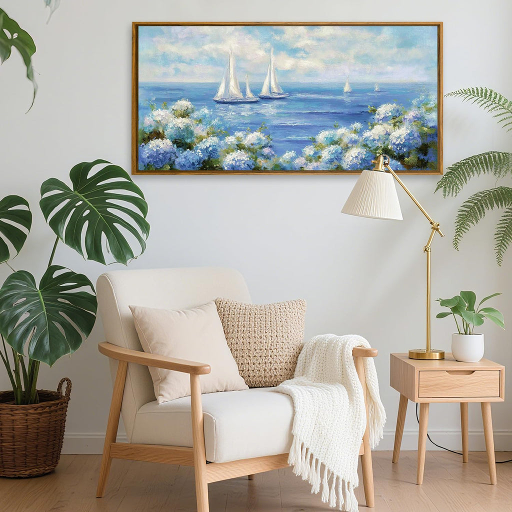 Blue Hydrangea Wall Art Framed Coastal Sailboat Floral Art Print