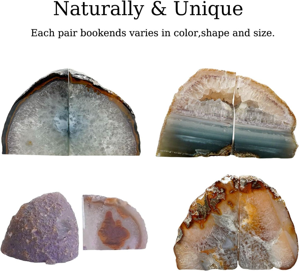 Natural Agate Geode Bookends - 3 to 4 lb Heavy Duty Rock Crystal Stone Book Ends for Shelves, with Rubber Bumpers